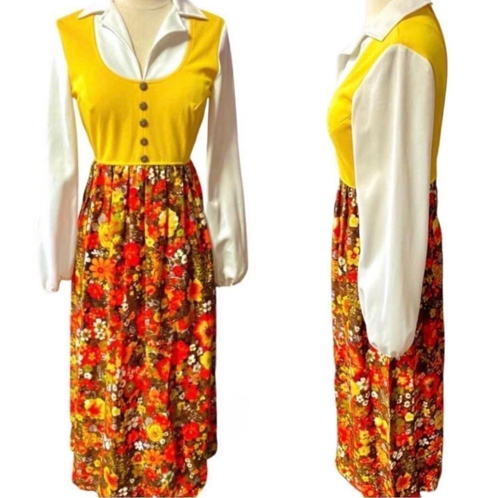 Beyond Babely Vintage 60s 70s DAY GLO Neon Velvet Floral Twofer Style Maxi Dress